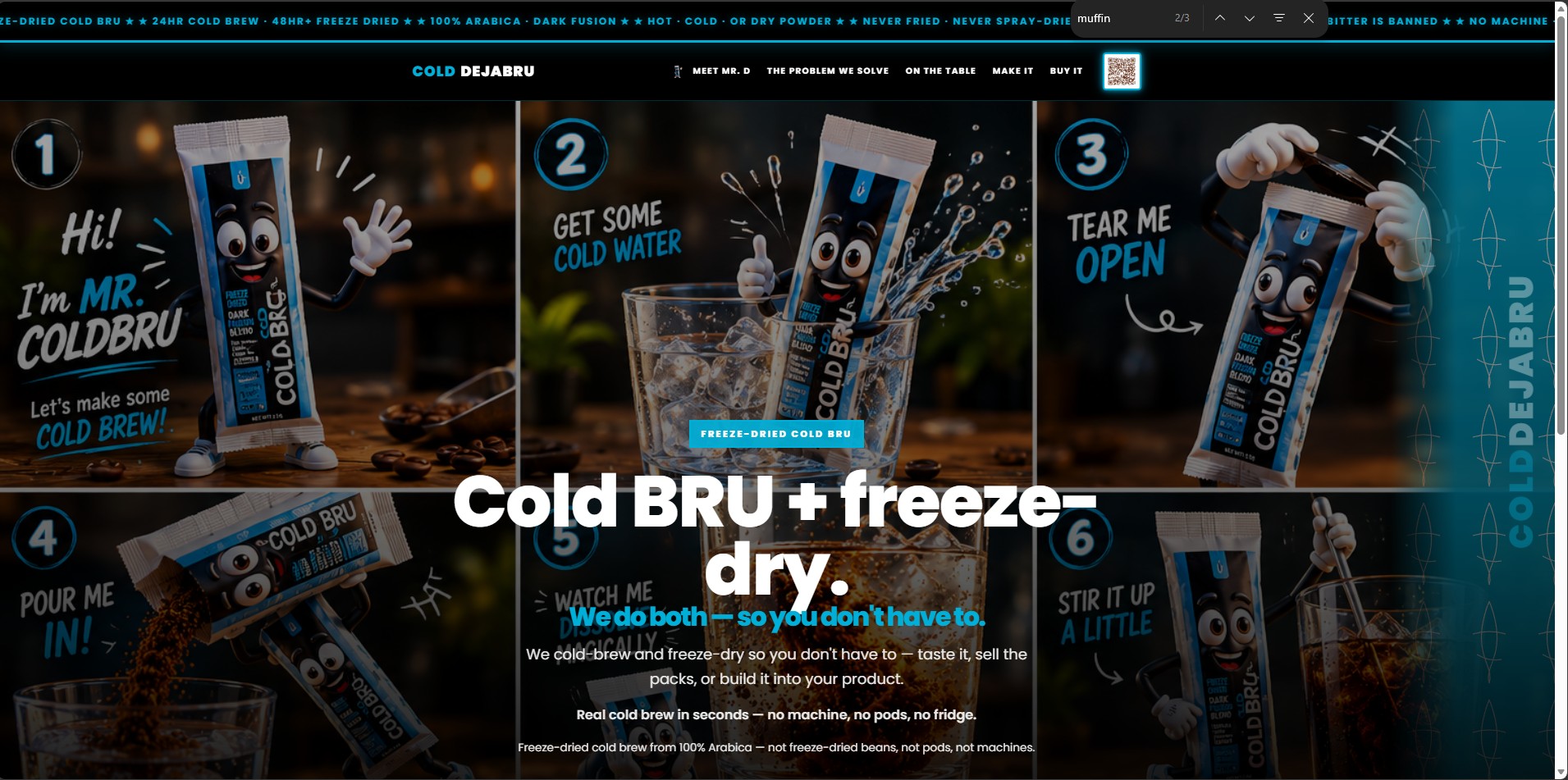 Cold Deja Bru event landing page — MR. COLDBRU product demo and investor booth QR experience