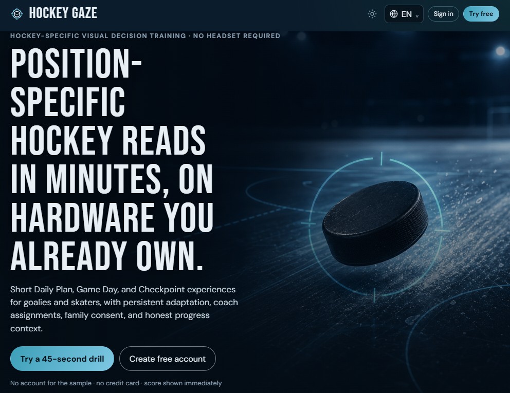 Hockey Gaze app homepage — position-specific hockey vision and decision training with a 45-second free drill
