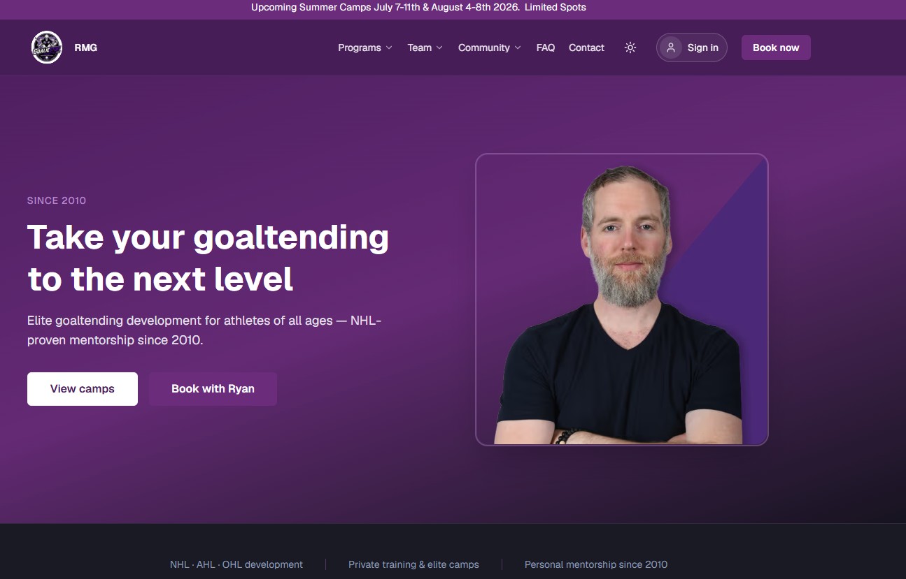 Ryan Munce Goaltending homepage — elite goaltending camps, private training, instructor profiles, and Book with Ryan booking paths