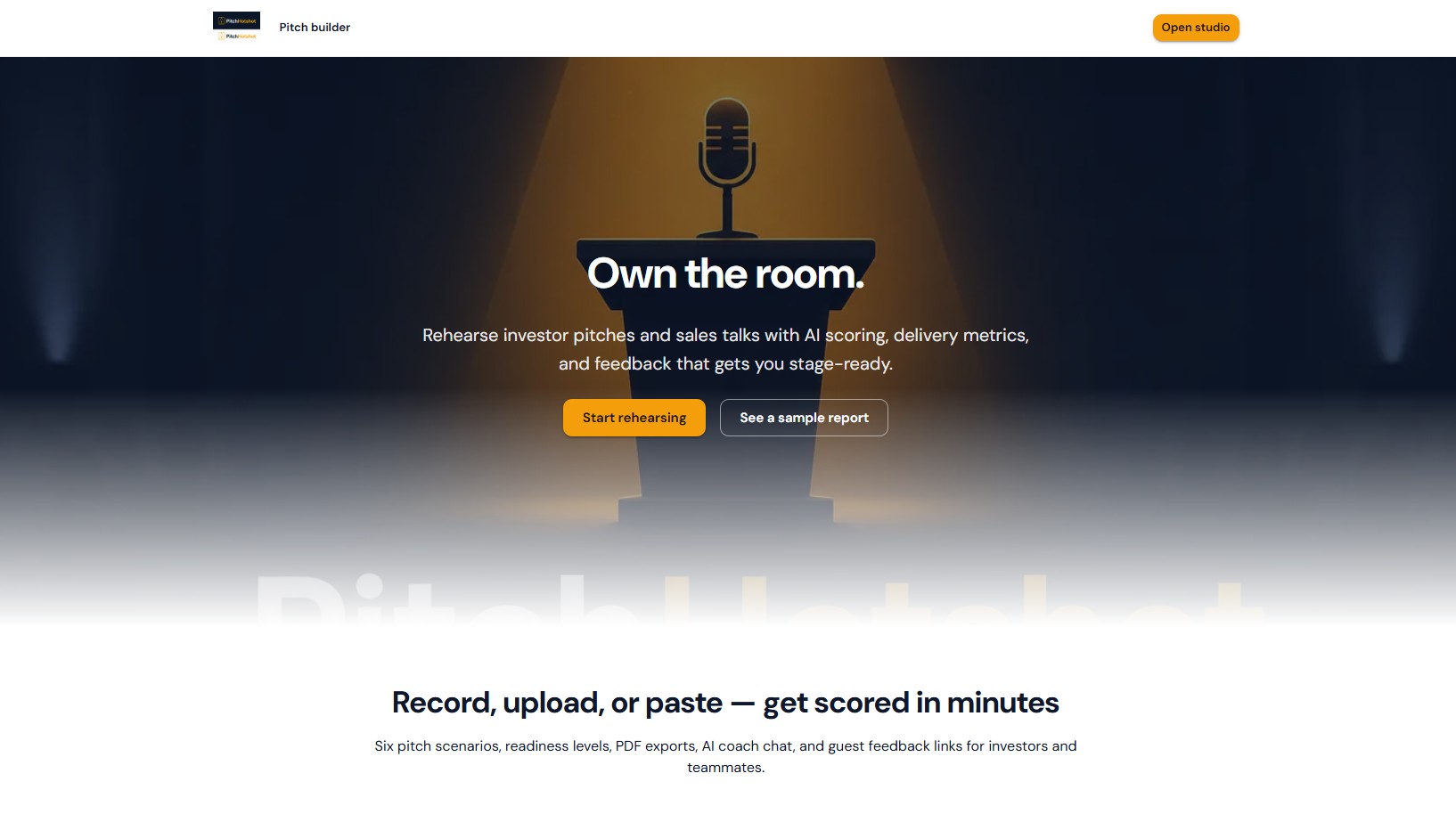 Pitch Hotshots — rehearse investor pitches and sales talks with AI scoring, delivery metrics, and stage-ready feedback