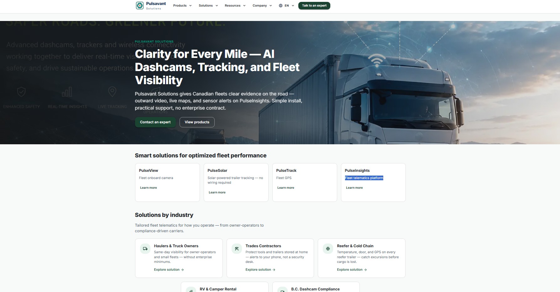 Pulsavant Solutions homepage — fleet telematics, AI dashcams, GPS tracking, and PulseInsights for Canadian SMB fleets