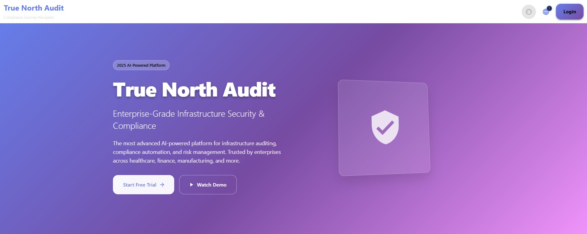 True North Audit AI-powered platform landing page showing enterprise-grade infrastructure security and compliance features