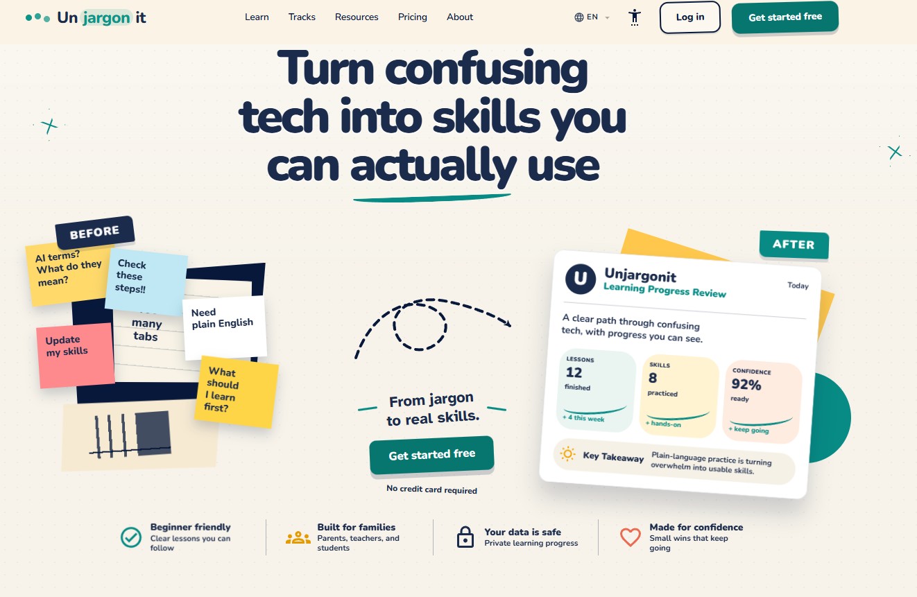 Unjargonit homepage — plain-language tech learning tracks for students, parents, and teachers with progress dashboards and hands-on playgrounds